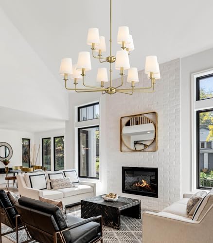 12-Light Brushed Gold Chandelier, E12 Bulb Compatible, White Fabric Shades, Adjustable Rod, Farmhouse & Industrial Style Ceiling Light for Living Room Dining Room Bedroom - Image 2