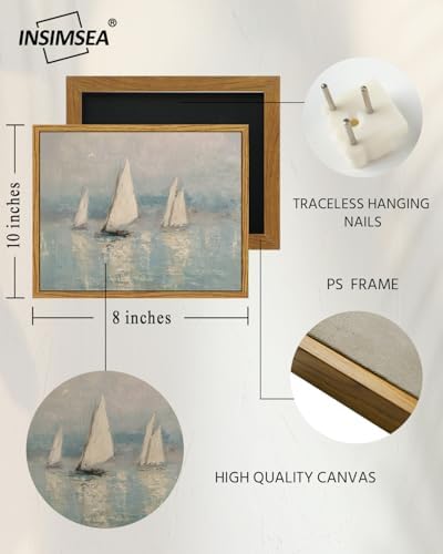 InSimSea Framed Canvas Wall Art, Vintage Sailboats Art for Living Room Hallway Shelf, 10x8in,Impressionist Coastal landscape Watercolor Painting, Rustic Cozy Mid Century Small Seaside Nature Decor - Image 5