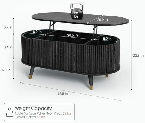 JOINICE Oval Lift Top Coffee Table with Storage for Living Room,43",Black - Image 2