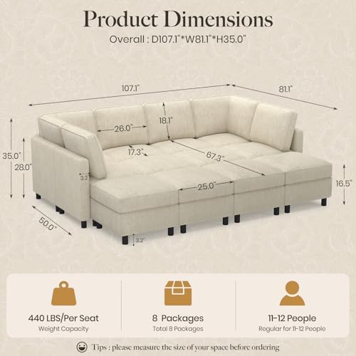 Belffin 110.2" 12 Seats Modular Sectional Sofa Sleeper Sofa Big Washable Sectional Couches for Living Room Comfy Couches with Storage Seat Couch Sofas with Chaise,Beige - Image 2