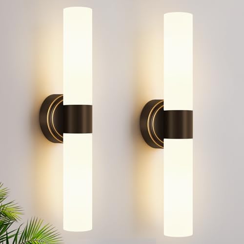 Wall Sconces Set of Two, Modern Bathroom Sconces Wall Lighting with Milky White Glass, Brown Sconces Wall Decor Set of 2 for Bathroom Mirror Bedroom Living Room Hallway by Meybiok