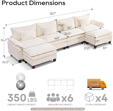 URRED Oversized Modular Sectional Sofa，White：157" U Shaped - Image 2