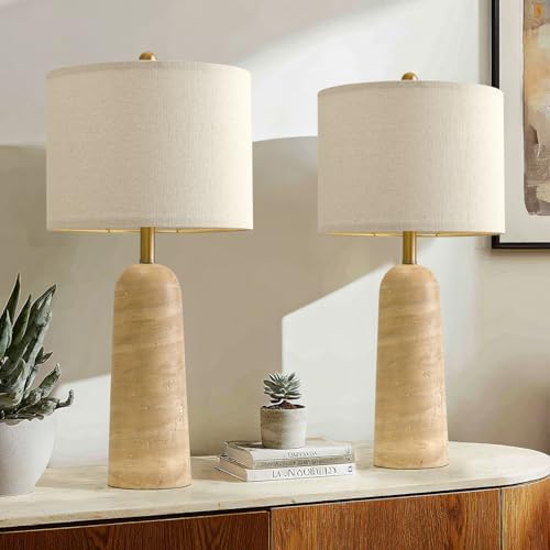 BOBOMOMO Modern Table Lamp Set of 2, Warm Beige Resin Lamp with Natural Stone Look, 27.25" Lamps for Living Room with Linen Shades, Bedside Lamp for Bedroom, Living Room, Nightstand, Entryway - Image 7