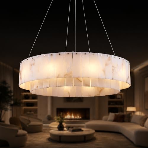 Alabaster Chandelier 31 Inch, Modern Round Chandelier for Dining Room, 12-Light 2-Tier Natural Stone Chandeliers with G9 Bulbs, Gold Spanish Alabaster Fixture for Living Room, Foyer, Bedroom by Sucelating