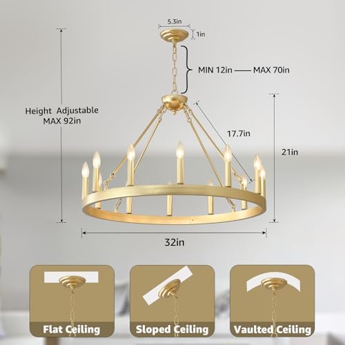 Gold Wagon Wheel Chandelier 32" 12-Light Round Modern Chandelier - Image 3