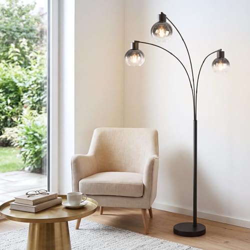 QiMH 3 Lights Floor Lamps for Living Room, 72" Tall Lamp with Gray Glass Shade, Large Tree Floor Lamp with Foot Switch, Modern Arch Floor Lamp for Bedroom Office, Black, 2700K Bulbs Included by Qimh