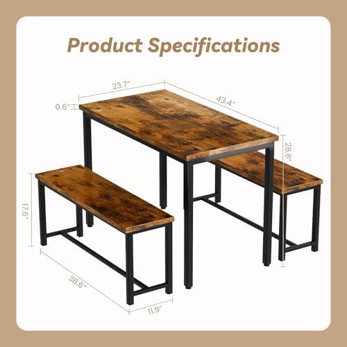 Recaceik Dining Table Set for 4 Kitchen Dining Room Set with 2 Dinner Benches, Farmhouse Breakfast Table for Apartment Small Space, Easy Assembly - Image 4