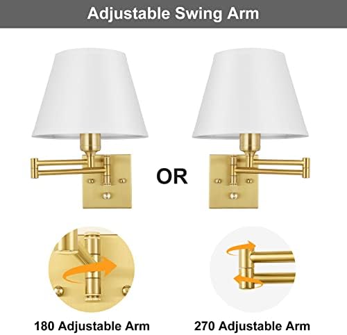 TRLIFE Wall Sconce Plug in, Brushed Brass Dimmable Wall Sconces Set of 2 Swing Arm Wall Lights with Plug in Cord and Dimmer On/Off Knob Switch, 9.4" Medium White Fabric Shade(2 LED Bulbs Included) - Image 4