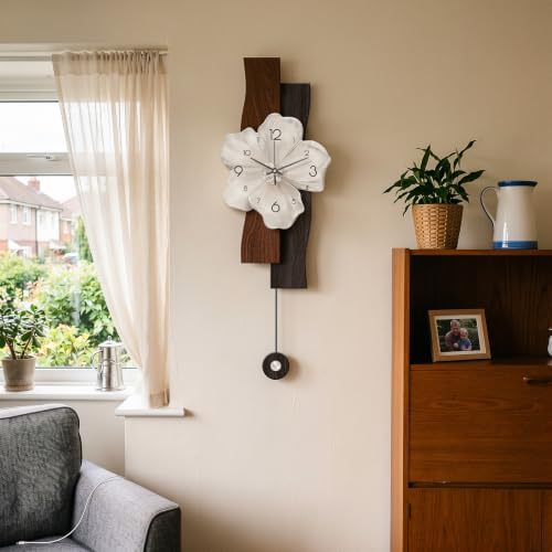 Flower Wall Clocks Battery Operated Decorative with Pendulum 9*24in,Brown - Image 2