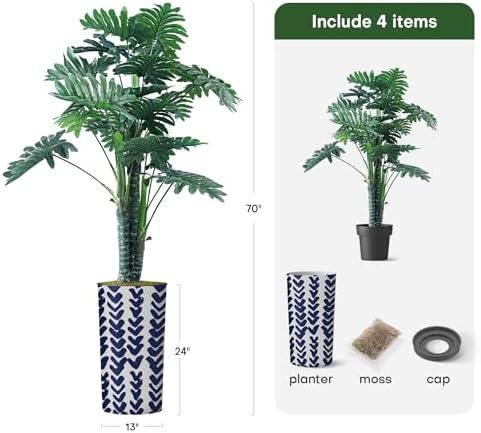 Artificial Tree in Modern Pattern Planter, Fake Philodendron Tree Silk Tree for Indoor and Outdoor Home Decoration - 70" Overall Tall (Plant Pot Plus Tree) - Image 3
