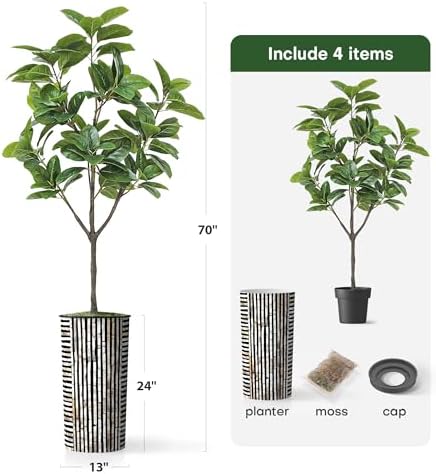 Artificial Tree in Black and Brown Striped Planter, Fake Magnolia Tree for Indoor and Outdoor Home Decoration - 70" Overall Tall (Plant Pot Plus Tree) - Image 5