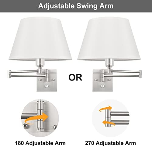 TRLIFE Dimmable Wall Sconce with Remote Control, Adjustable Color Temperature 2700K-6500K and Dimming 10-100% Swing Arm Wall Lights with Plug in Cord, 11.8" Large White Fabric Shade(2 Pack, 2 Bulbs) - Image 6