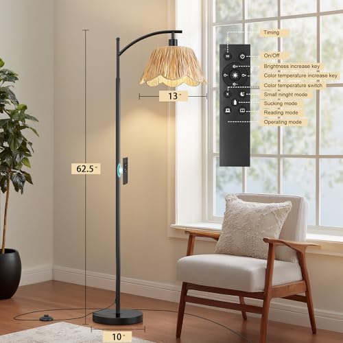 Oneach Arc Floor Lamp for Living Room with 3 Color Temperatures, Rattan Boho Floor Lamp with Hand-Woven Wicker Shade,Farmhouse Floor Lamps with Remote & Dimmable Bulb, Suitable for Bedroom（Black） - Image 4
