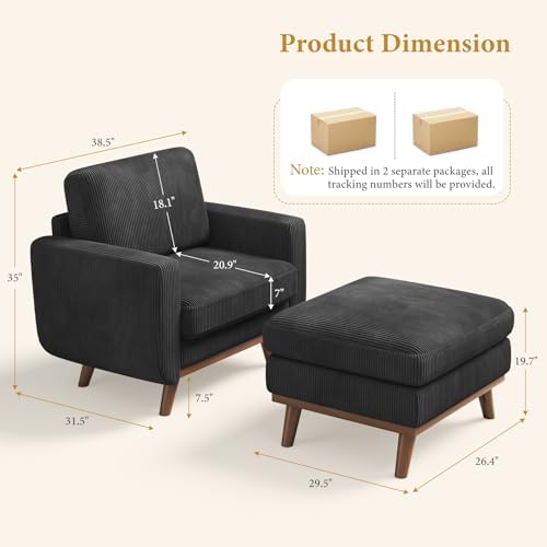Vesgantti 38.5" Accent Chair with Movable Ottoman, Comfy Corduroy Armchair with Spring Cushion, Reading Chair with Ottoman, Modern Single Sofa for Living Room, Bedroom and Apartment, Black - Image 2