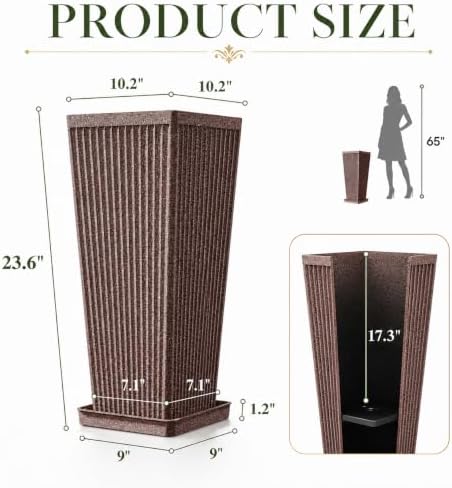 NicBex 24" Tall Planters for Outdoor Plants Set of 2 Square Fluted,Brown - Image 2