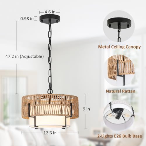 12.6" Rattan Pendant Light for Kitchen Island, Boho Chandelier - Image 2