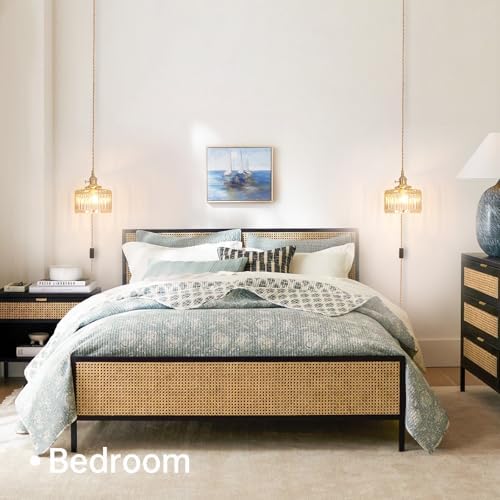 Shenmoyl Plug in Pendant Light Hanging Light Fixtures with Plugin Cord On/Off Switch,Amber Striped Glass Lampshade Brass Pendant Light - Image 4