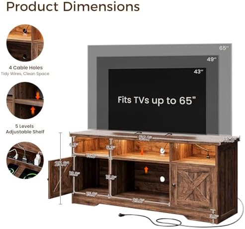 Casaottima TV Stand for 65 Inch TV, Entertainment Center, Walnut - Image 3