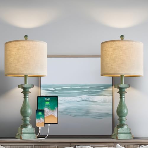 BOBOMOMO 27" Farmhouse Table Lamp Set of 2 with USB A+C for Bedroom Living Room Vintage Rustic Traditional Nightstand Bedside Lamps Retro Side Table Lamps (Green) - Image 2