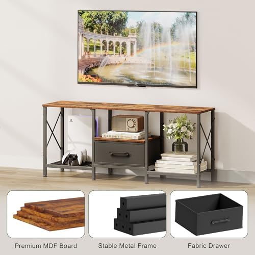 JARHETUN TV Stand with Fabric Drawer, Entertainment Center for 50 55 Inch TV, Industrial TV Console Table with Open Storage Shelves for Living Room, Bedroom, Rustic Brown - Image 5