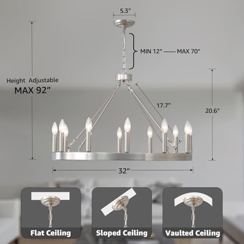 32" Silver Chandelier 12-Light Farmhouse Wagon Wheel Light Fixture - Image 3
