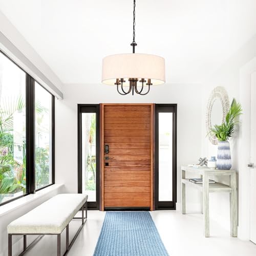 5 Lights Drum Chandelier for Dining Room 19" Modern Farmhouse Black Chandeliers with Shades Round Pendant Light Fixtures Linen Hanging Chandeliers for Bedroom Living Room Kitchen Over Table Foyer - Image 3