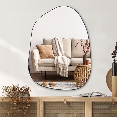 PERFNIQUE Irregular Asymmetrical Wall Mirror, 32"x24" Black Bathroom Mirror by PERFNIQUE
