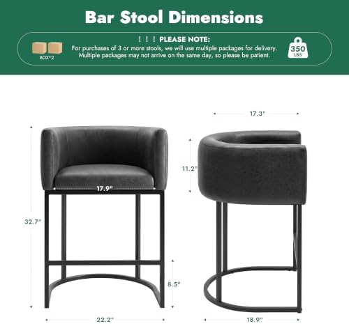 Counter Height Bar Stools for Kitchen Island, Modern Counter Stools for Dining Room, 24 Inch Seat Height Barstools with Metal Legs, Faux Leather Bar Stool with Back Footrest, Black - Image 3