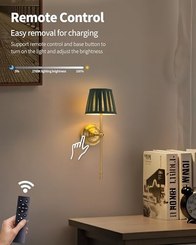 KDG Gold Cordless Wall Sconces Set of 2, Green Fabric LED Wall Lamps - Image 6