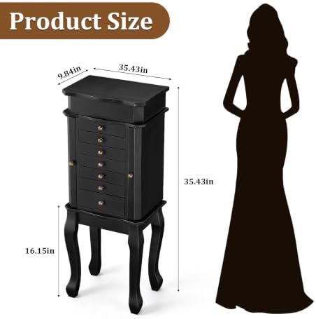 Standing Jewelry Armoire Cabinet, Large Freestanding Jewelry Organizer Box with Mirror, 7 Drawers & 2 Side Doors, Jewelry Chest for Rings Earrings Necklaces Bracelets Watches Glasses (Black) - Image 7
