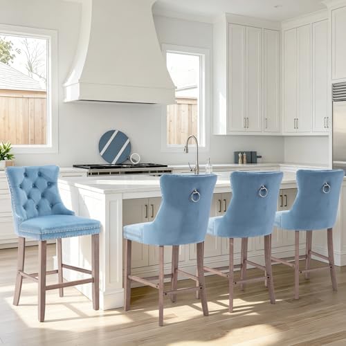 SoarFlash Modern Velvet Upholstered Bar Stools Set of 4 with Wood Legs, Button Tufted,Chrome Nailhead, Counterstool Seat, Armless Bar Chairs (Sky-Blue) - Image 5