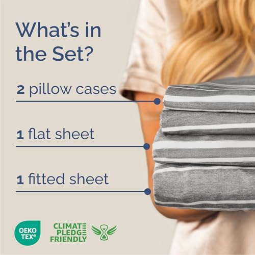 Queen Size 4 Piece Sheet Set - Breathable & Cooling Sheets - Grey Stripes - Image 2