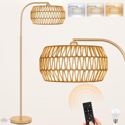 Brilvibera Boho Gold Farmhouse Floor Lamp- Rattan Lamp with Remote and Bulb by Brilvibera