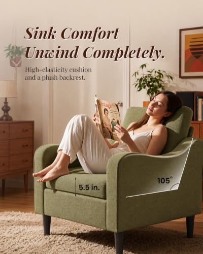 LEVELEVE Accent Arm Chair – Olive Green, Upholstered Scooped Comfy Reading Chair for Living Room, Bedroom, Apartment, Waiting Room - Image 6