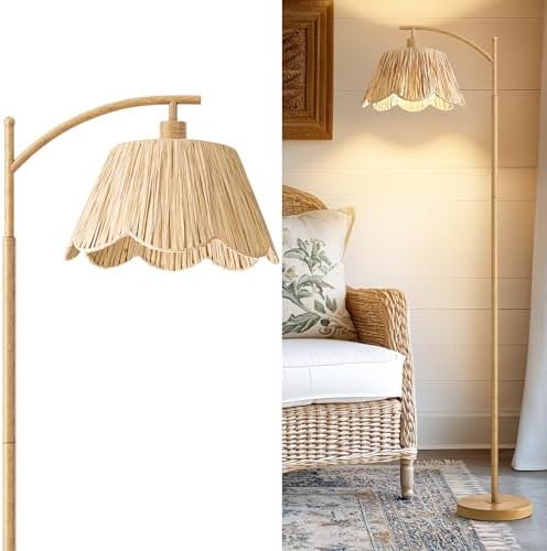 Oneach Boho Floor Lamp for Living Room, Farmhouse Standing Lamp with Foot Switch, Corner Reading Lamps for Bedroom with Hand-Woven Shade, Light Woodgrain Metal Base & Pole by Oneach