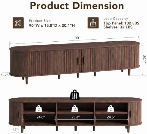 MXV 90" TV Stand with Sliding Doors for Living Room, Mid Century Modern Entertainment Center, TV Console with Fluted Door Cabinets and Power Outlet, Walnut - Image 2