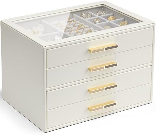 VLANDO 4 Layer Jewelry Box for Women, Glass Lid Jewelry Organizer with 4 Drawers for Necklaces Rings Earrings Bracelets - Cloud White by VLANDO