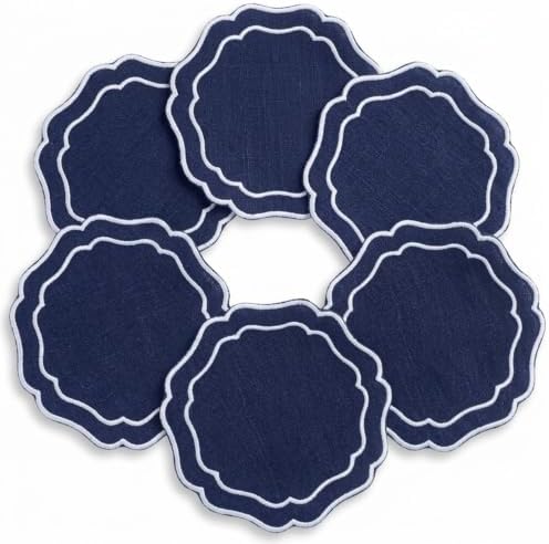 Linen Coasters for Drinks, Set of 6, 4.5 inch, Navy by EmbroideryLinenVN