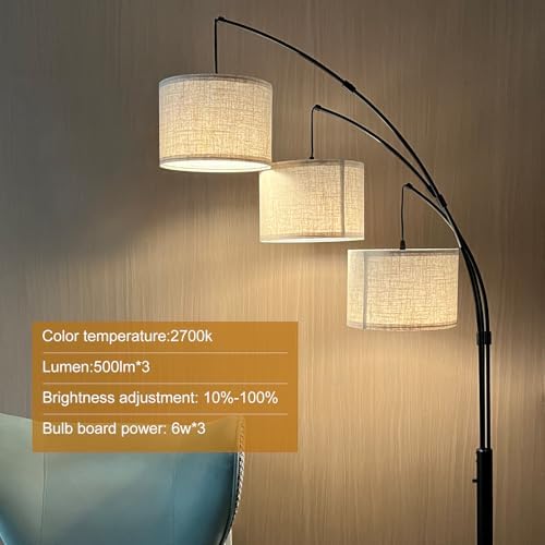 Dimmable Arc Floor Lamp, 3 Lights Floor Lamps for Living Room, 1500LM Rotary Switch Modern Tall Standing Lamp with Beige Shades & Heavy Base, Mid Century Tree Floor Lamp for Bedroom Office - Image 2