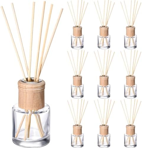 Roshtia 10 Set Reed Diffuser Bottle Empty Refillable Fragrance Glass Diffuser Bottles Set with Wooden Caps Sticks 50ml 1.7 oz Round Glass Jars for DIY Fragrance by Roshtia