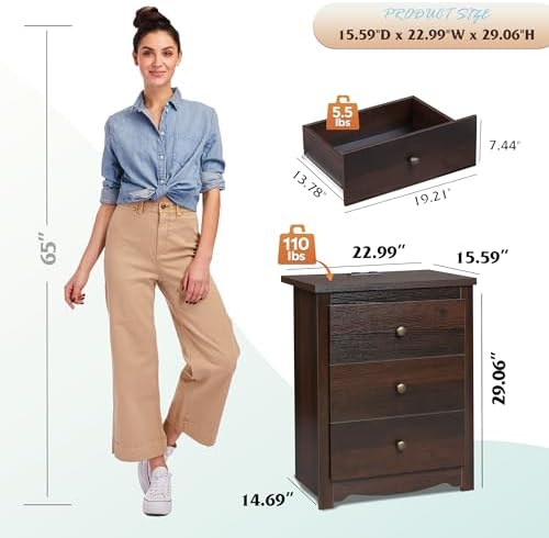 WLIVE Tall Nightstand with Charging Station, Wood Night Stand with 3 Drawers Storage, Bedside Table End Side Tables with 2 USB Ports and Outlets for Bedroom, Closet, Espresso - Image 3