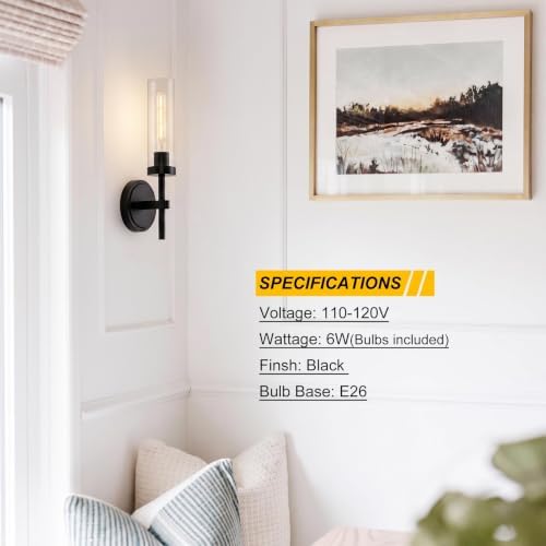 SANTOSTOCK Black Wall Sconces Set of Two, Hardwired Bathroom Vanity Sconces Wall Lighting with Clear Glass Shade, Modern Farmhouse Wall Mount Lights for Mirror Bedroom Living Room Hallway Entryway - Image 6