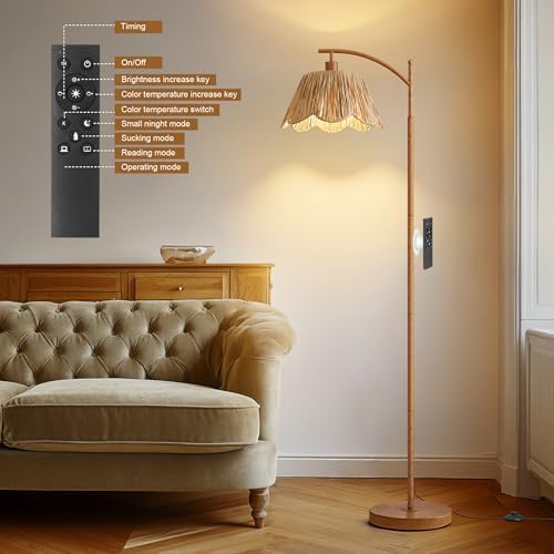Oneach Boho Floor Lamp for Living Room with Remote & Dimmable Bulb, Farmhouse Floor Lamps with 3 Color Temperatures, Rattan Floor Lamp for Bedroom, Walnut - Image 6