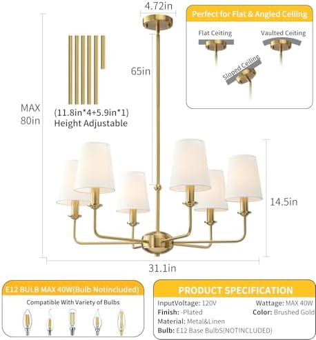 6-Light Brushed Gold Pendant Chandelier with Fabric Shades, E12 Base - Farmhouse & Industrial Style for Kitchen, Living Room, Dining Room, or Bedroom Lighting - Image 3