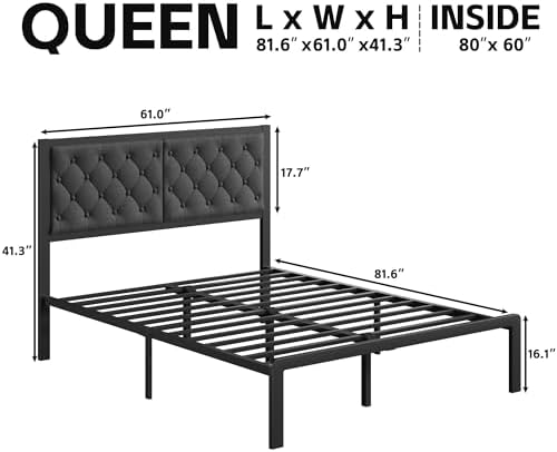 Fluest Queen Bed Frame with Headboard Linen Upholstered Bed Frame Platform,All Metal Slats Support Platform Bed Frame with Storage Space,Easy Assembly,Noise Free,No Box Spring Needed,Grey - Image 2