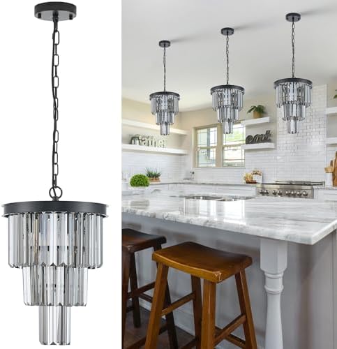 CATINER 12" Smoke Gray Crystal Chandeliers,3 Lights Black Pendant Light by CATINER