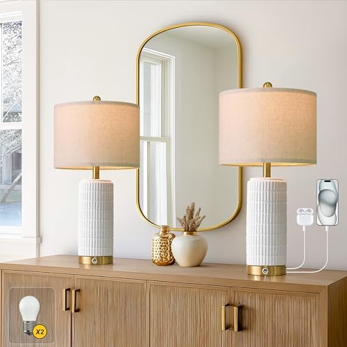 PoKat Stone-Like Ceramic Table Lamps with USB Ports for Bedroom, 25'' Matte-White Dimmable Nightstand Touch Lamps for Night Stands with Gold Base, Farmhouse Lamps for Living Room End Side Table by Pokat