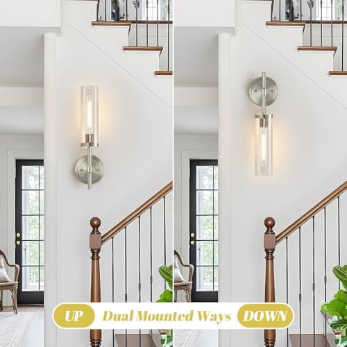 MOKATNG Wall Sconces Set of Two, Brushed Nickel Bathroom Sconces with Clear Glass, Hardwired Sconces Wall Decor Set of 2, Modern Wall Light Fixtures for Bathroom Mirror Living Room Bedroom Hallway - Image 6