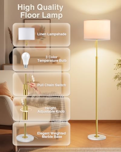 Ambimall Height Adjustable Modern Gold Floor Lamp, Gold & White - Image 4
