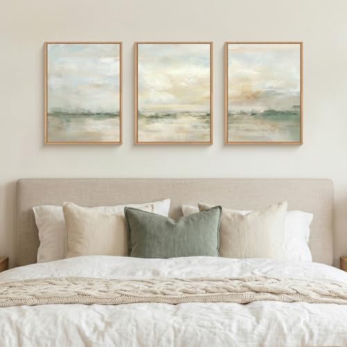 LHIUEM Abstract Green Gray Pastel Framed Canvas Wall Art,Neutral Landscape Wall Decor,Modern Watercolor Lake Artwork,Beige Textured Illustrations Art for Living Room,Bedroom,Office- 12"x16"x3 - Image 5